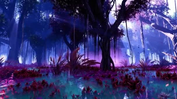 Вечерние Тропические Джунгли Панорама Тропических Зарослей Большими Деревьями Травами Лианами — стоковое видео