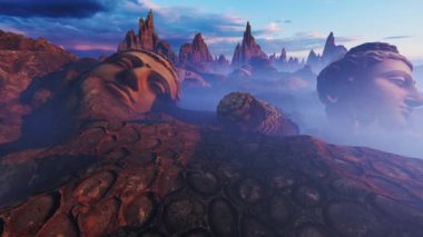 Kayıp medeniyetlerin antik heykelleri. Seyahat ve manzara teması üzerine animasyon, tarih ve fantezi ve iklim.