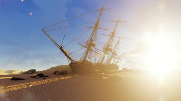 Ein Uraltes Schiff Umgeben Von Heißem Wüstensand Illustration Zum Thema — Stockvideo