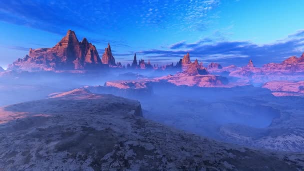 青い雰囲気の霧の惑星の風景 旅行と冒険 エコロジーと気候のテーマに関するアニメーション — ストック動画