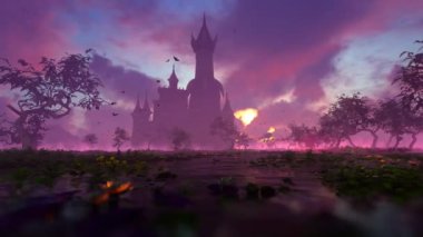 Büyücünün karanlık kalesi gölün yanında duruyor. Peri masalları, fantaziler, bölgeler ve seyahat teması üzerine animasyon..