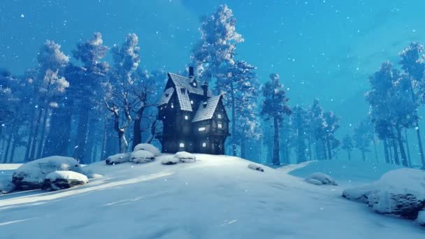 雪が降る冬の森の中にある孤独な古い家 アーキテクチャと妖精の物語 ファンタジーと漫画をテーマにしたアニメーション — ストック動画