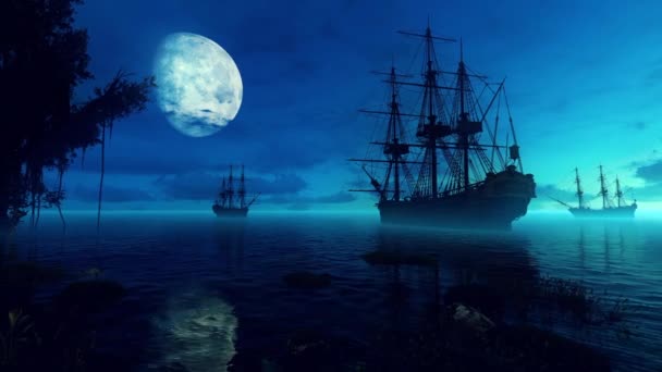 船在夜间月亮的背景上 以旅行与历史 冒险与交通为主题的动画 — 图库视频影像