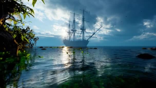 Vitorlás Hajó Sziget Öblében Animáció Utazás Történelem Kaland Közlekedés Témájában — Stock videók