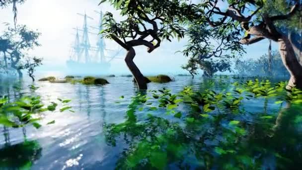 热带岛屿和古老的船在海湾 以旅行与历史 冒险与交通为主题的动画 — 图库视频影像