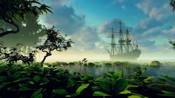 島の湾で航海する船 旅と歴史をテーマにしたアニメーション 冒険と輸送 — ストック動画