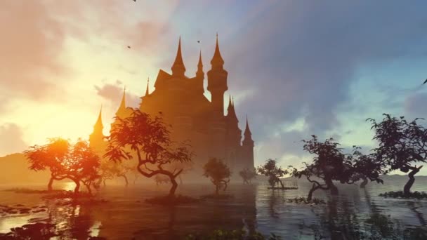 Silhouette Royal Castle Sunset Animáció Téma Mesék Fantázia Területek Utazás — Stock videók