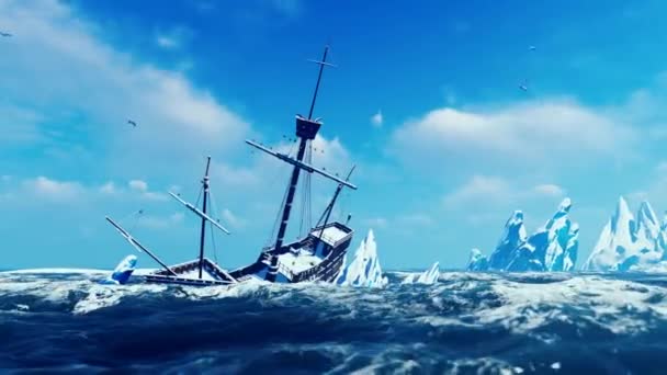 Viejo Barco Que Pereció Los Icebergs — Vídeo de stock