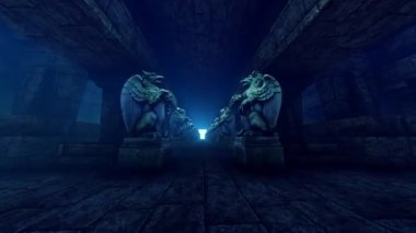 Taş heykelleri olan tünel.