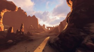 Sıcak bir bölgede taştan bir kanyonda araba sürüyorum.