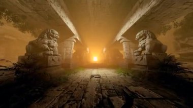 Eski heykelleri olan eski bir zindanda hareket.