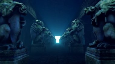 Taş heykelleri olan tünel.