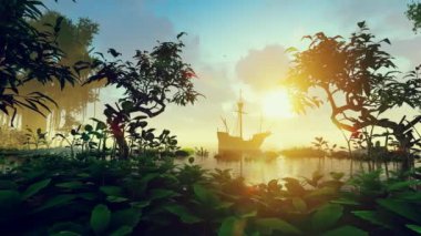 Tropikal ada ve eski gemi.