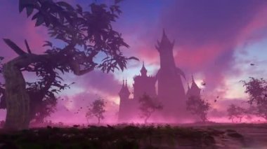 Gölün üzerinde kuleleri olan eski bir kale. Peri Masalları ve Fantezi, Seyahat ve Macera, Tarih ve Çizgi Film temalı Animasyon.