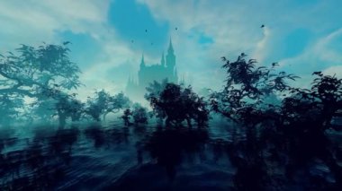 Büyüyen bitkilerle dolu bir gölün yakınında bulunan antik bir şehrin silueti. Peri Masalları ve Fantezi, Seyahat ve Macera, Tarih ve Çizgi Film temalı Animasyon