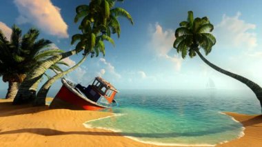 Tropik bir adanın kıyısında eski bir balıkçı teknesi