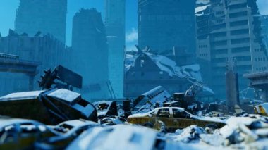 Yıkılmış şehrin yüzeyinde kar yağışı var.