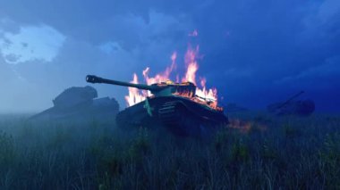 Savaş alanında yanan tank ve diğer ekipmanlar.