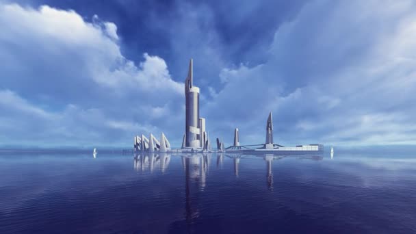 Fantastyczne Futurystyczne Miasto Zbudowane Wodzie — Wideo stockowe