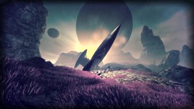 Fütürist Roket Fantastik Bir Gezegenin Karlı Yüzeyinde Duruyor. Gezegen 'in yüzeyine kar taneleri düşüyor. Bilim ve Uzay Teması Üzerine Animasyon.