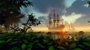 Adanın körfezinde yelkenli gemileri