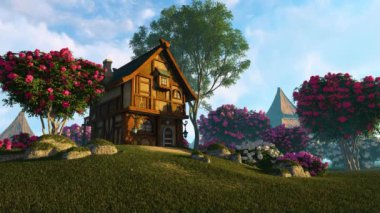 Peri evi ve parlak çiçekli çalılar