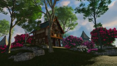 Peri masalı evi. Kırsal yaşam ve köyler, doğa ve manzaralar konulu animasyon.