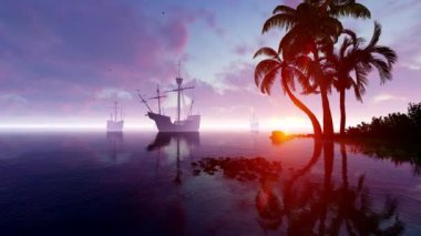 Ada ve İspanyol gemileri. Seyahat ve hikayeler, ulaşım, bölgeler ve iklim konulu animasyon.
