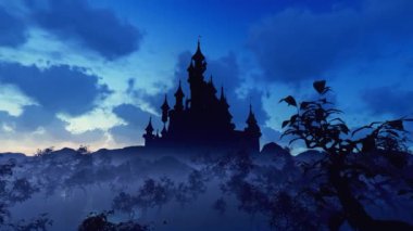 Karanlık park ve kale gün batımında. Peri masalları ve fantezi, tarih ve ülkeler üzerine animasyon.