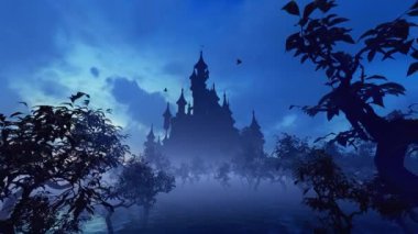 Eski bir parktaki karanlık şato. Peri masalları ve fantezi, tarih ve ülkeler üzerine animasyon.