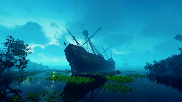 Стародавній Корабель Пробіг Навколо Тропічного Острова Анімація Тему Тарегді Подорожей — стокове відео