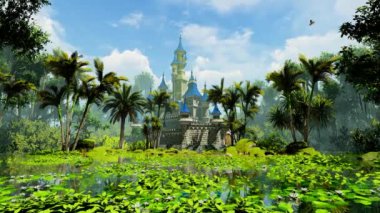 Parktaki peri masalı kalesi. Peri masalları, fantezi, mimari ve seyahat teması üzerine illüstrasyon.