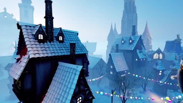 朝の冬の霧の中のヨーロッパの古代都市 歴史と建築をテーマにしたアニメーション 3Dアニメーションとコンピュータグラフィックス おとぎ話 ファンタジー — ストック動画