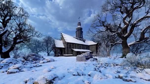 冬の森にある旧教会の建物 宗教と建築 人間と自然のテーマに関するイラスト — ストック動画