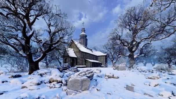 Houten Kerk Het Winterbos Illustratie Het Thema Van Religie Architectuur — Stockvideo