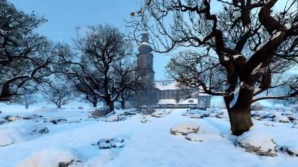 冬の庭に古代教会が建っている 宗教と建築 人間と自然のテーマに関するイラスト ジェネレーティブAi — ストック動画