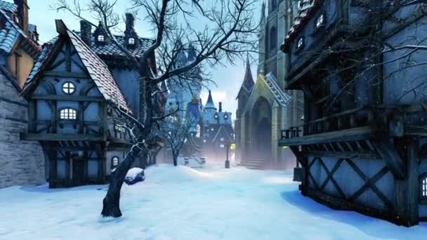欧洲古城的降雪 历史与城市 旅行与童话 基础设施与旅游主题动画 — 图库视频影像