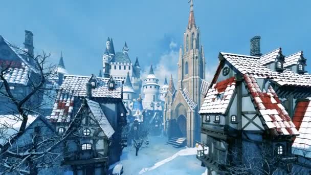 中世ヨーロッパの冬の街を通る運動 歴史と都市のテーマに関するアニメーション 旅行と妖精のテール インフラと観光 — ストック動画