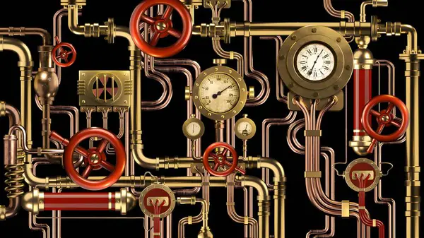 Bakır borulardan, sensörlerden, vanalardan oluşan arkaplan.