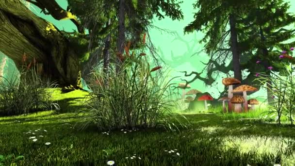 Panorama Eines Märchenwaldes Mit Pflanzen Pilzen Und Gras Animation Zum — Stockvideo