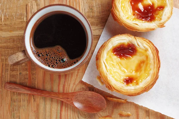 Portuguese Egg Tart Cup Coffee Old Wooden Background Top View — Stock Photo, Image