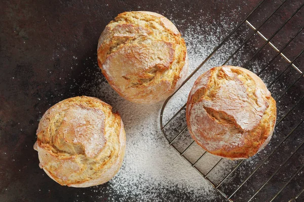 Freshly Baked Small Bread Potato Flakes Grunge Metal Background Top Imagem De Stock