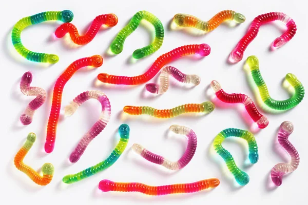 Colorful Gummy Jelly Worm Candies White Background Top View — Stockfoto
