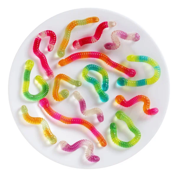 Bovenaanzicht Van Kleurrijke Gummiwormen Een Plaat Geïsoleerd Een Witte Achtergrond — Stockfoto