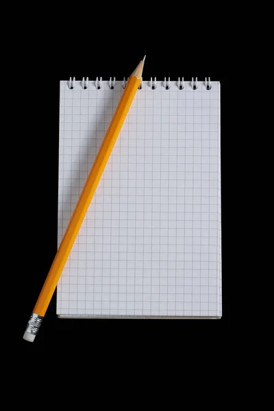 Notepad Pencil Isolated Black Background Top View — Stock Photo, Image