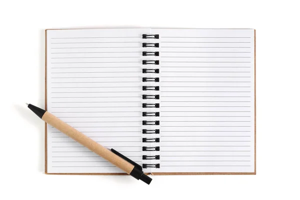 Notatnik Długopis Wykonane Makulatury Kartonu Białym Tle Widok Góry — Zdjęcie stockowe