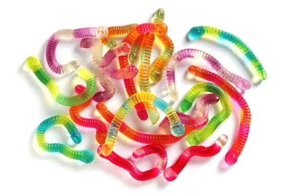 Colorful Gummy Jelly Worm Candies White Background Top View — Stockfoto