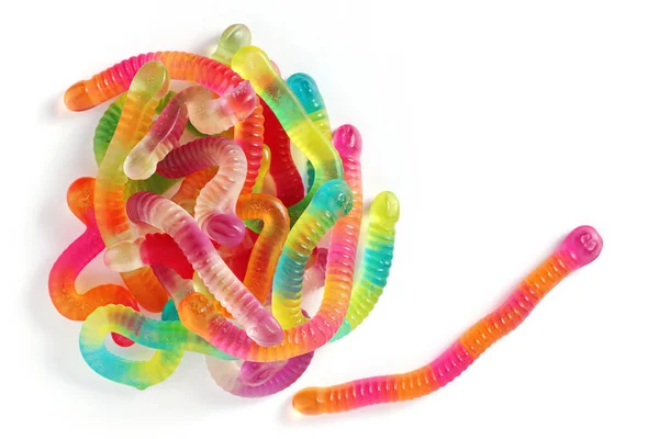 Bovenaanzicht Van Kleurrijke Gummiwormen Witte Achtergrond — Stockfoto