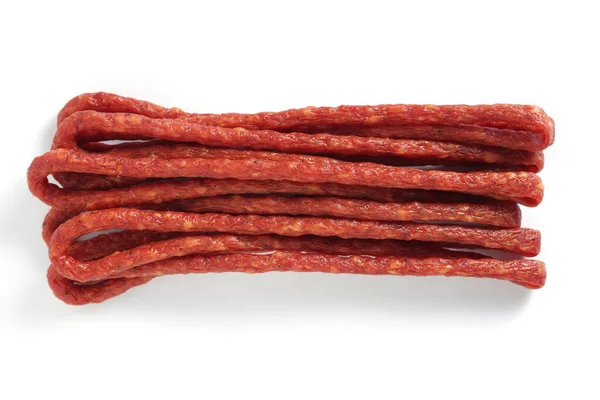 Kabanos Polish Thin Long Dry Sausage White Background Top View — Stock Photo, Image