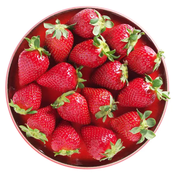 Erdbeeren Auf Rotem Teller Isoliert Auf Weißem Hintergrund Draufsicht — Stockfoto